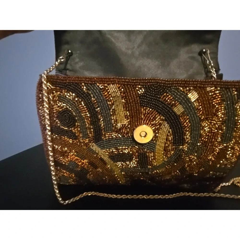 Beaded Evening Bag with Touches of Black Gold and Brown Manetic Closure Japan‎